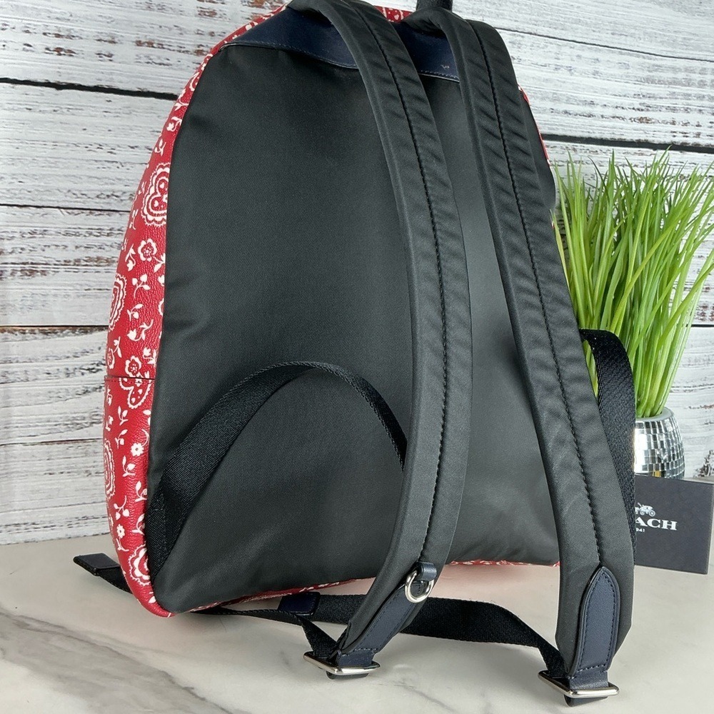 Coach Charlie Red White Lace Hearts‎ Floral Pattern Backpack Bag Work School - Picture 11 of 13